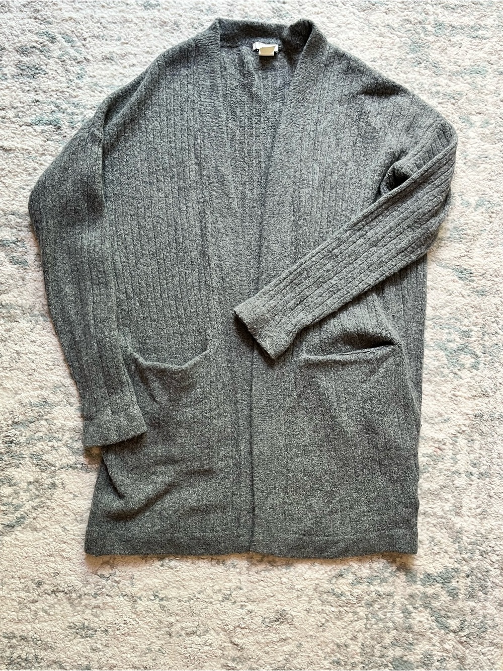 Grey Open-Front Knit Cardigan Sweater